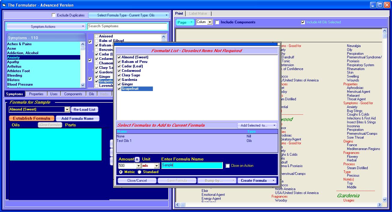 Formulator showingformula screen.